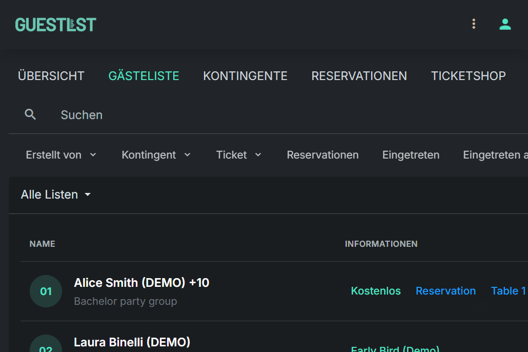 Guestlst guest list with demo guests, reservation details and table assignments