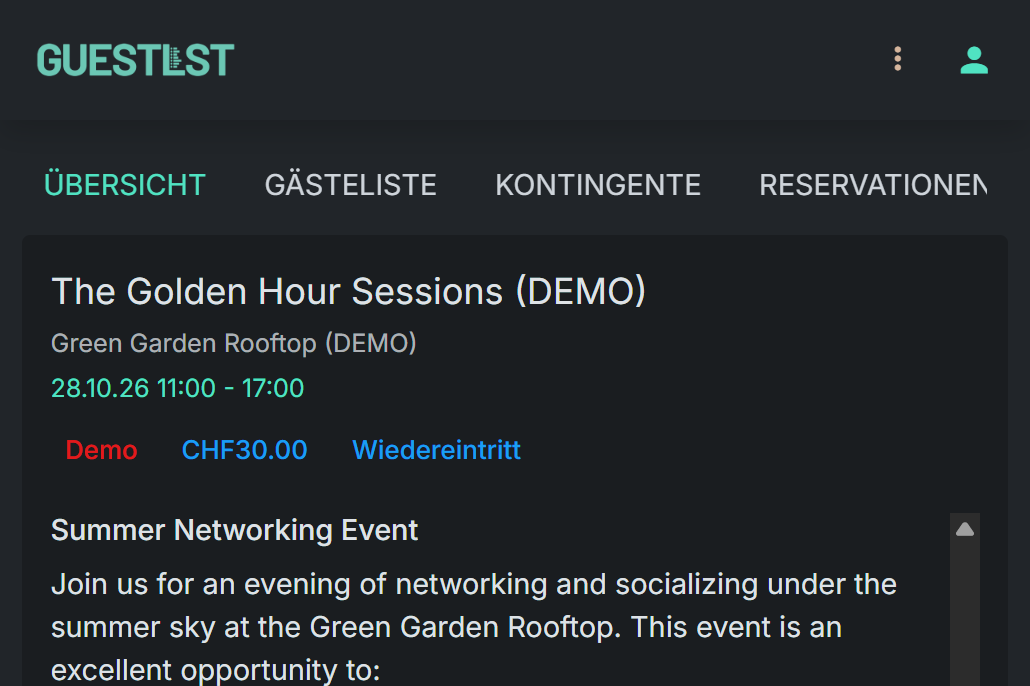 Guestlst event workspace showing the Golden Hour Sessions demo event details and navigation