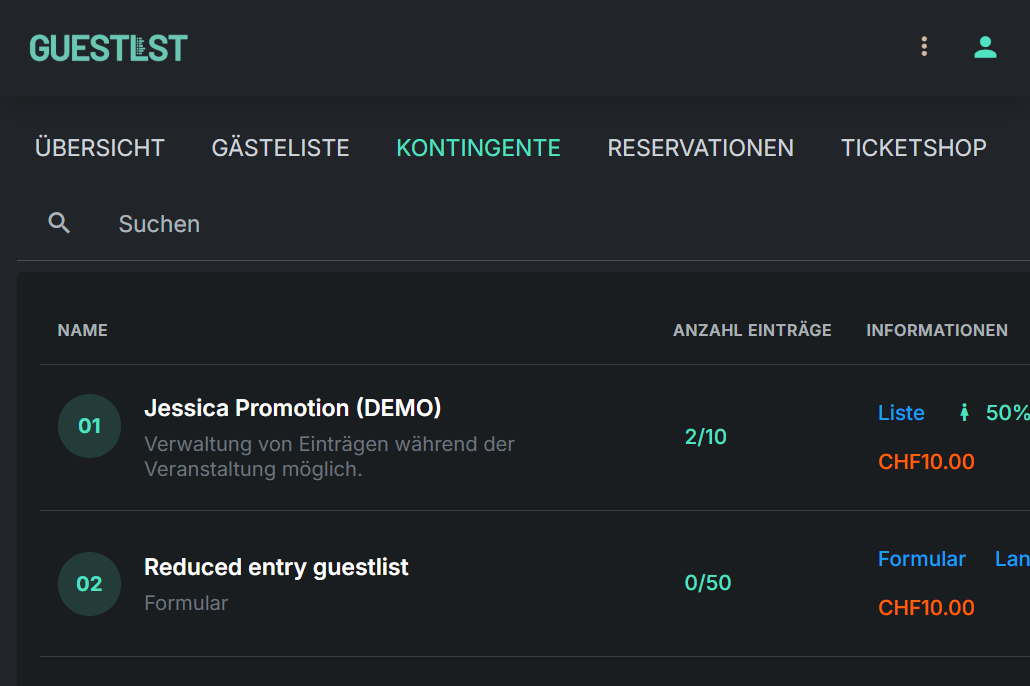 Guestlst quota screen with demo event allocations, entry limits and pricing